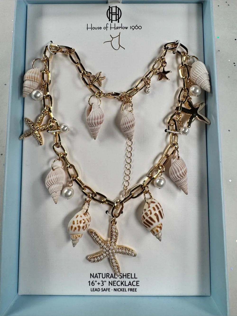 NWT House of Harlow 1960 Gold Shell & Starfish Charm Necklace in Natural Shell